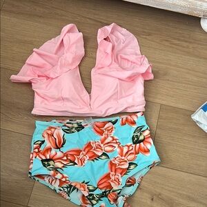Pink Ruffle Bikini Top and Floral Bottoms